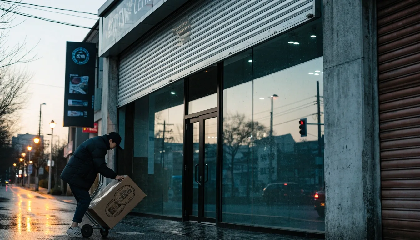A Busan graphics card shopfront at dawn, shutter half raised over wet pavement