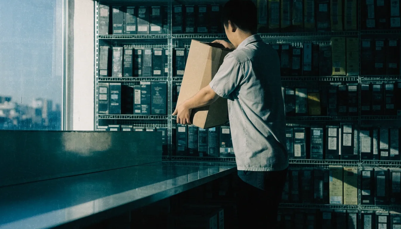 A worker lifting a graphics card box from shelving behind the shop counter