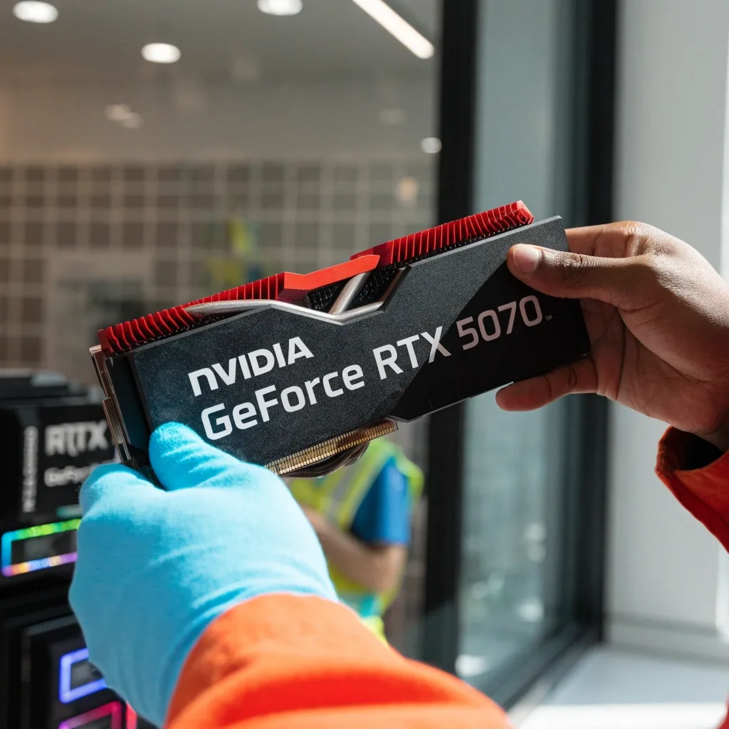 Two graphics cards side by side on a counter being compared by hand