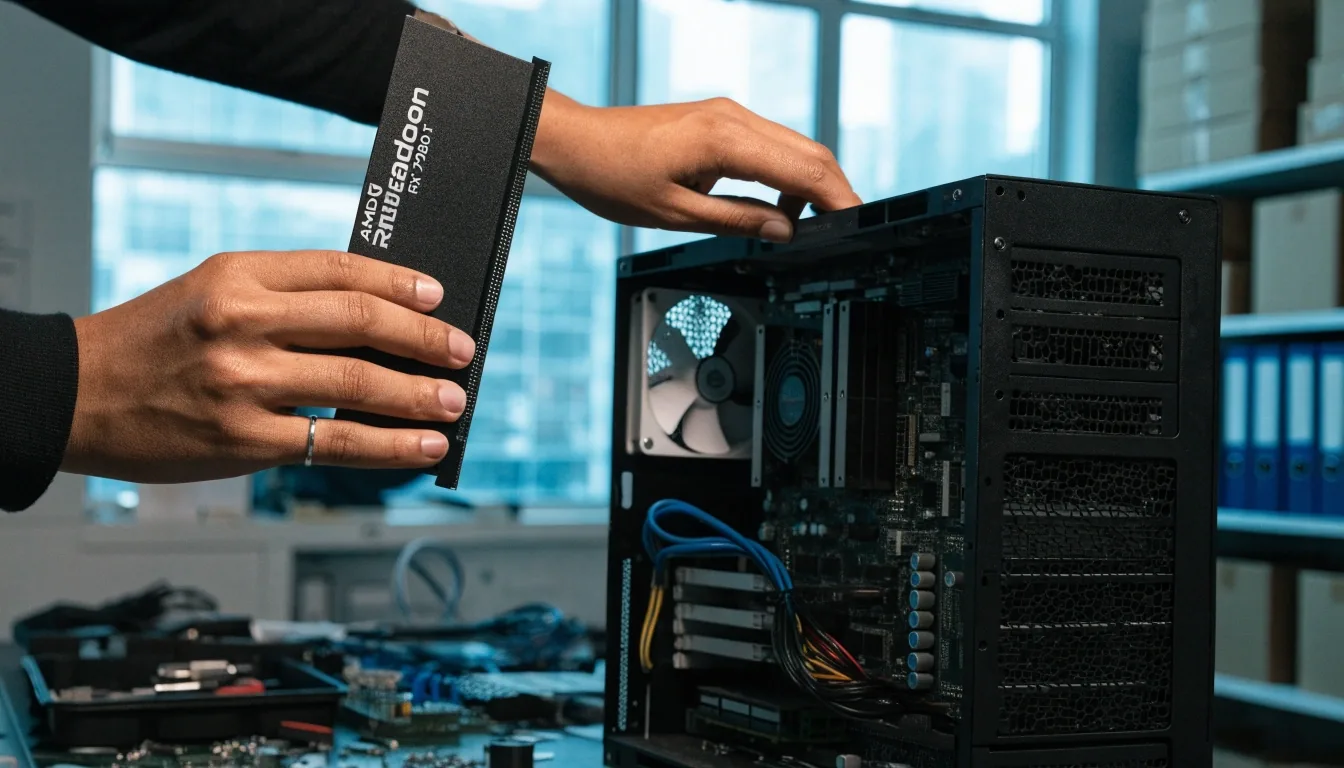 Technician seating a graphics card into a computer case at a counter workbench under cool daylight