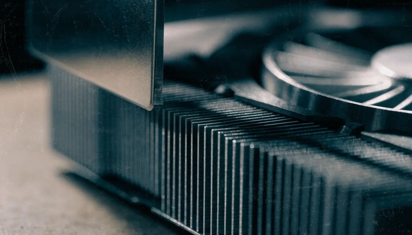 Close-up of stacked graphics card cooler fins and a fan hub on a workshop bench