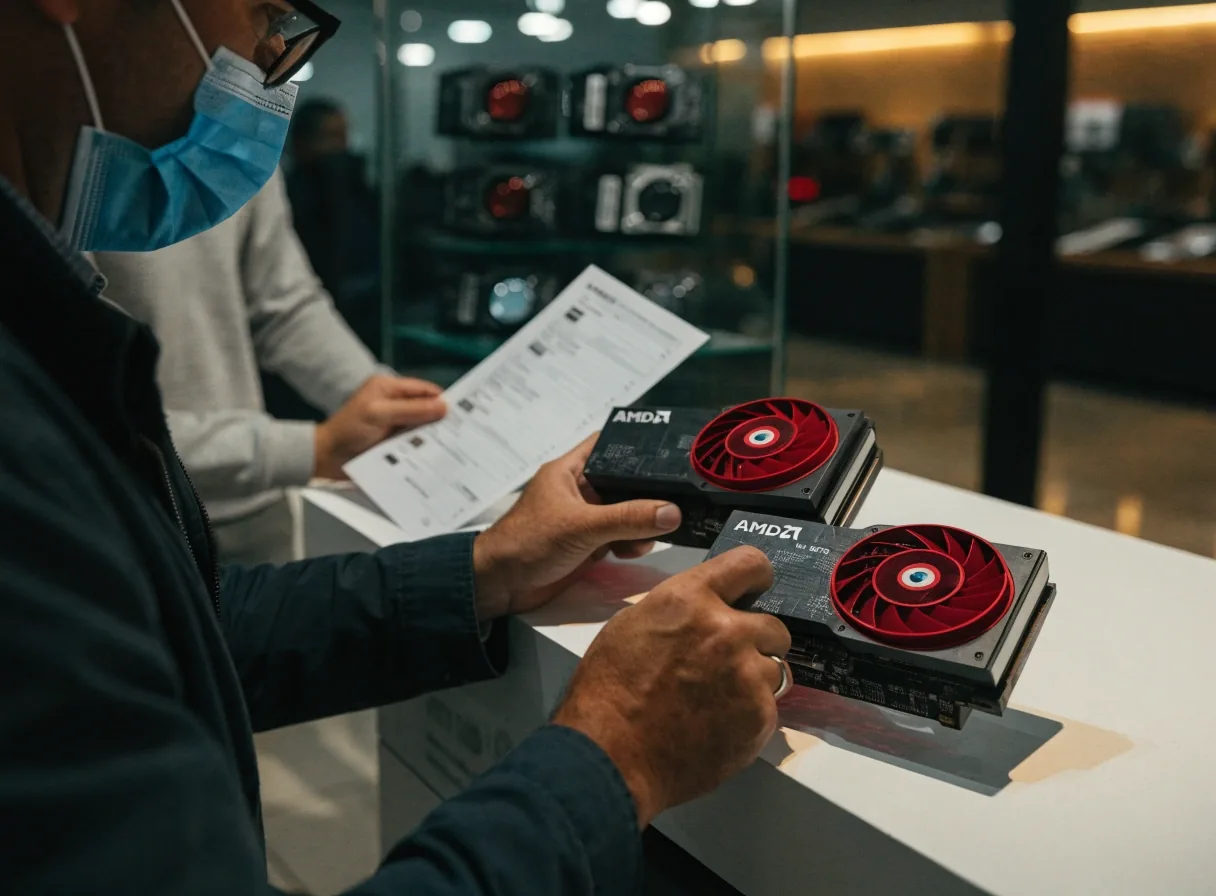 A shop technician lifting a graphics card out of its open box on a counter in cool daylight