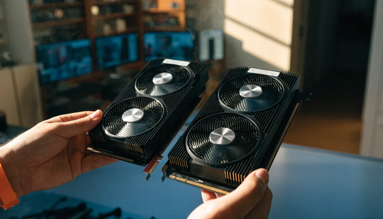 Two graphics card coolers side by side on a service counter under raking dawn light