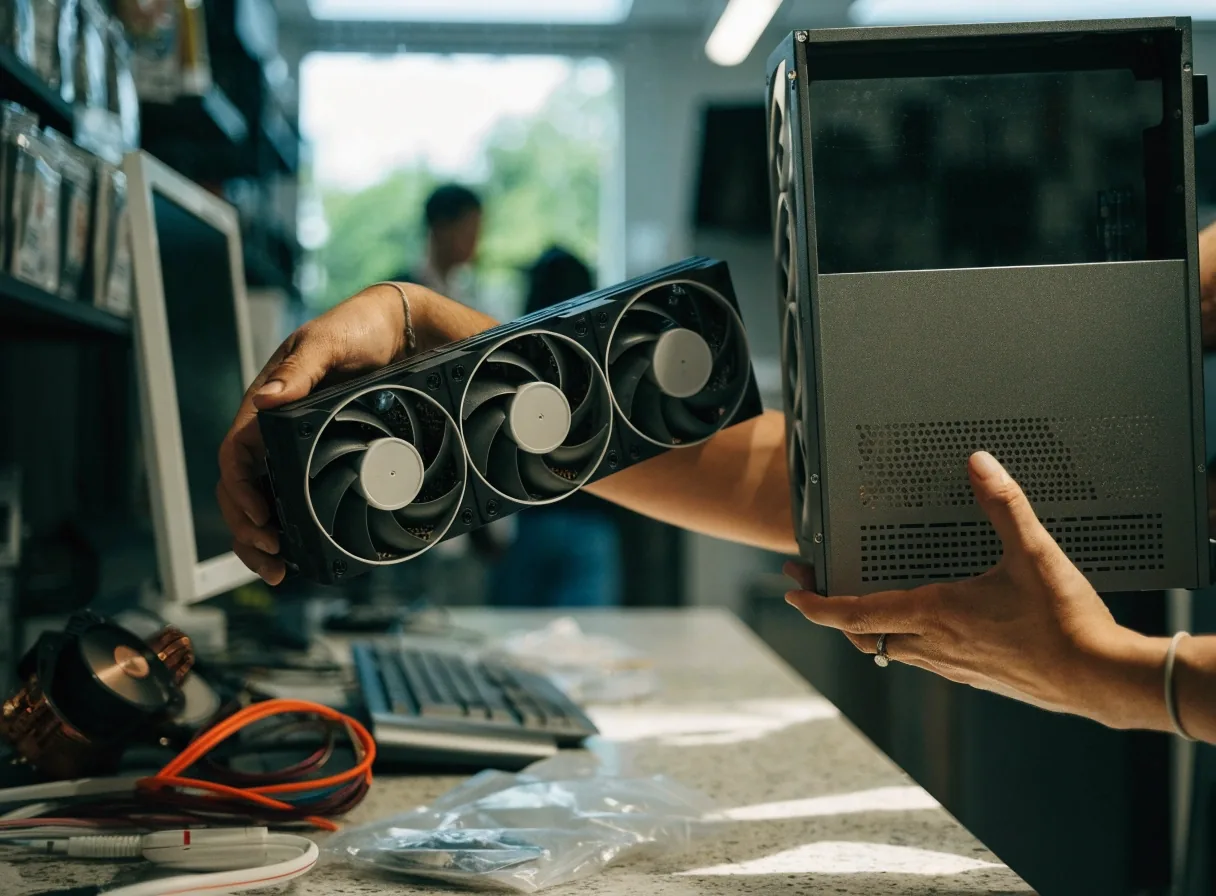 A graphics card measured against a case panel on the shop counter