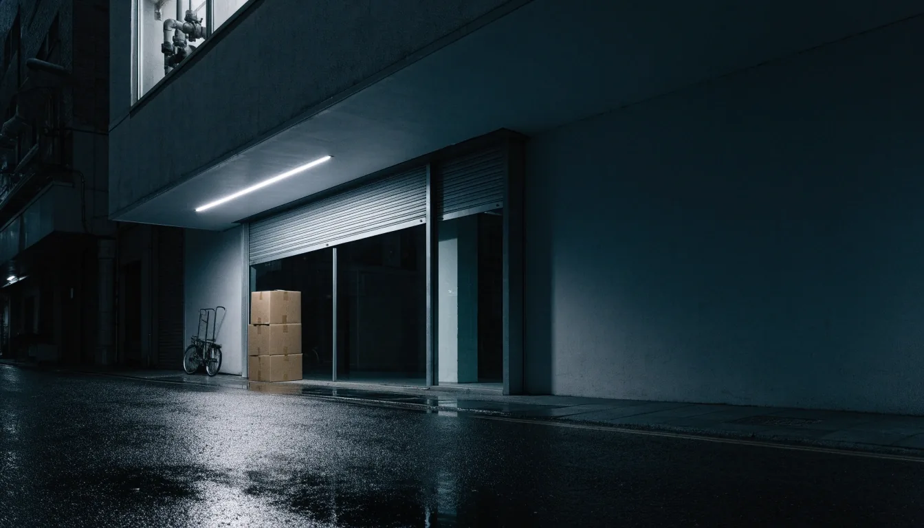 Night view of the store lobby entrance in Haeundae, cool light reflecting on the pavement