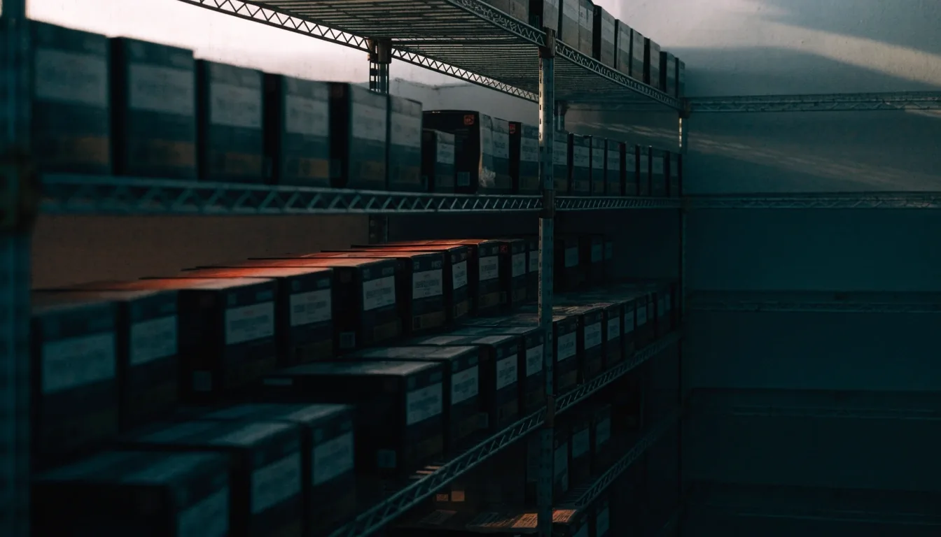 Graphics card boxes on metal shelving at a Busan pickup counter under cool early daylight