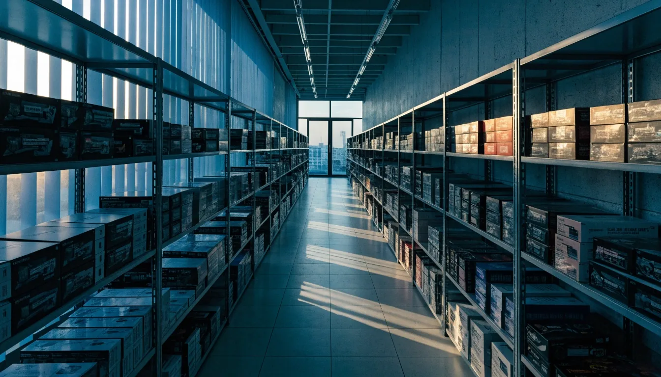 Shop interior with shelving of graphics card boxes under cool morning light