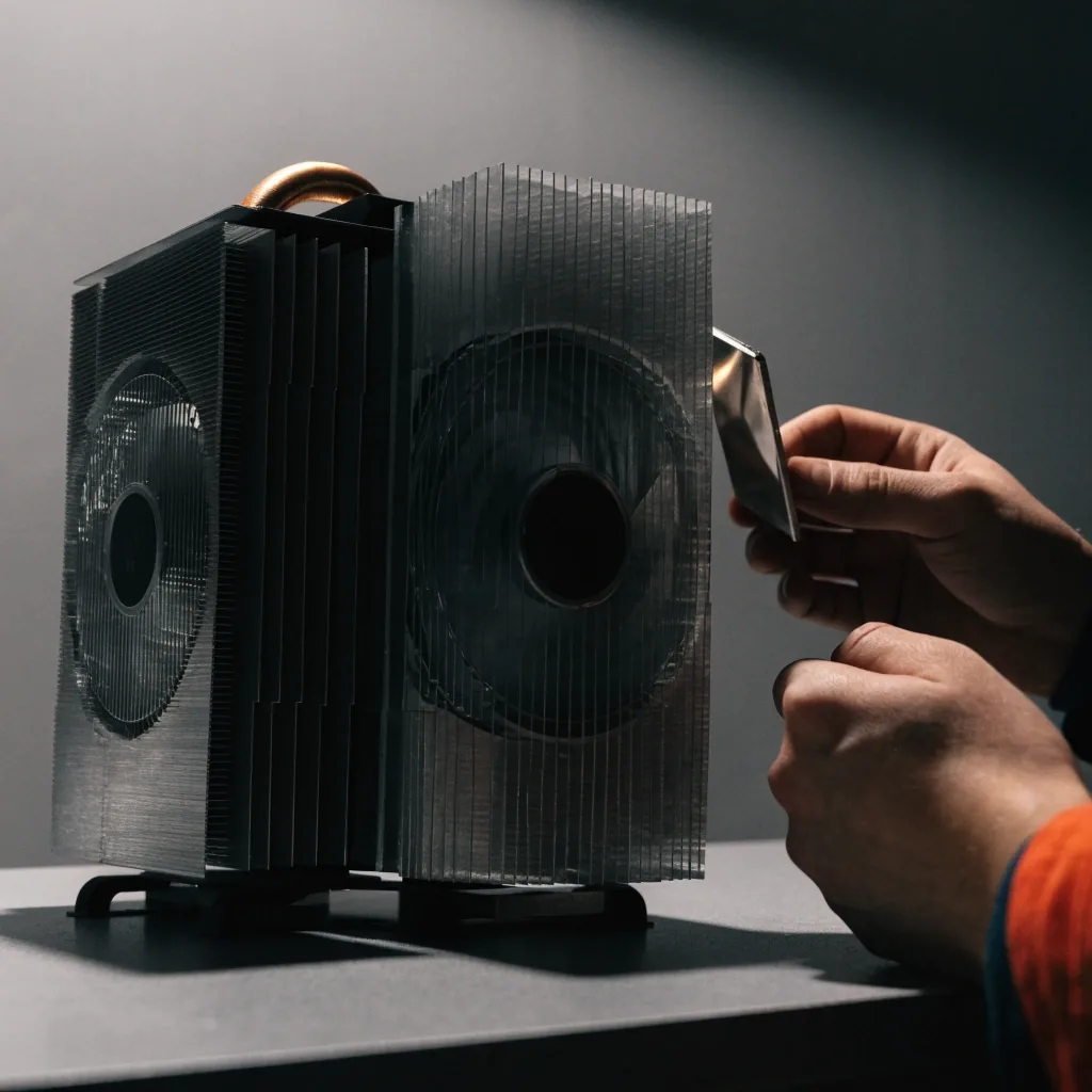 Two graphics card coolers on a counter as a worker checks a backplate