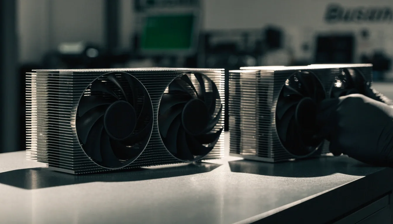 Two graphics card coolers side by side under hard raking light on a service counter