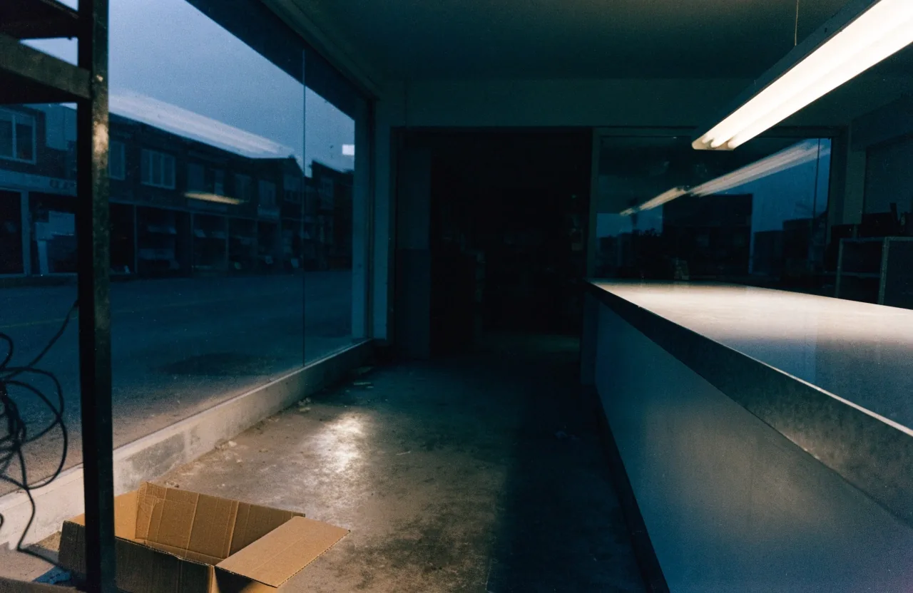 A quiet parts counter interior lit by a single overhead strip at dusk