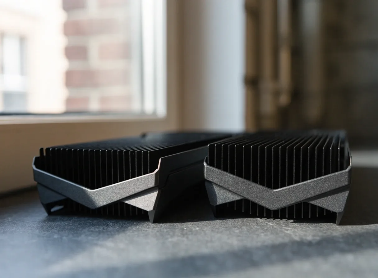 Two graphics card coolers side by side on a matte counter under raking daylight